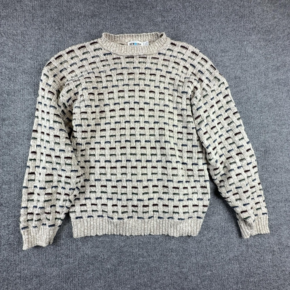 Vintage New Era Sweater Mens Large Beige Geometric Knit Cotton Crewneck USA